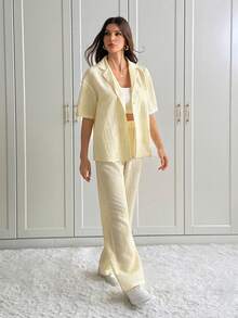 SHEIN Tall 2件套女士休闲纹理纽扣前上衣和裤子套装，秋季 - 黃色 - 查看 4
