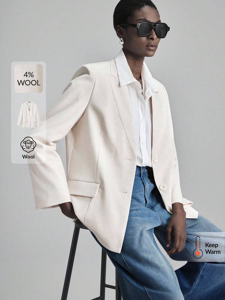 2025 New Arrival Loose Fit Wool-Blend Collarless Long Sleeve Blazer,Off-White Summer Business Casual Office Wear,Beige Modern Urban Basic Style