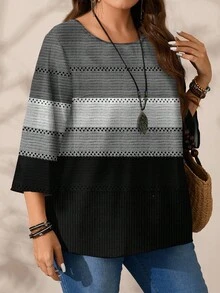 EMERY ROSE 大码女式休闲全宽黑白灰条纹印花圆领宽松七分袖衬衫，秋冬 - 彩色 - 查看 5