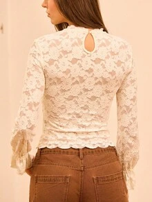 lacRébo Cream Romantic Vintage Lace Long Sleeve High Neck Top With Scallop Edge Detail Fall Women Clothes Autumn Outfits Fall Women Clothes Autumn Winter Lace Top Going Out Top