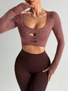 Gameset SHEIN Sport Casual Leopard Print Fitted Cropped Long Sleeve Women Sports Tees - Brown - View 3