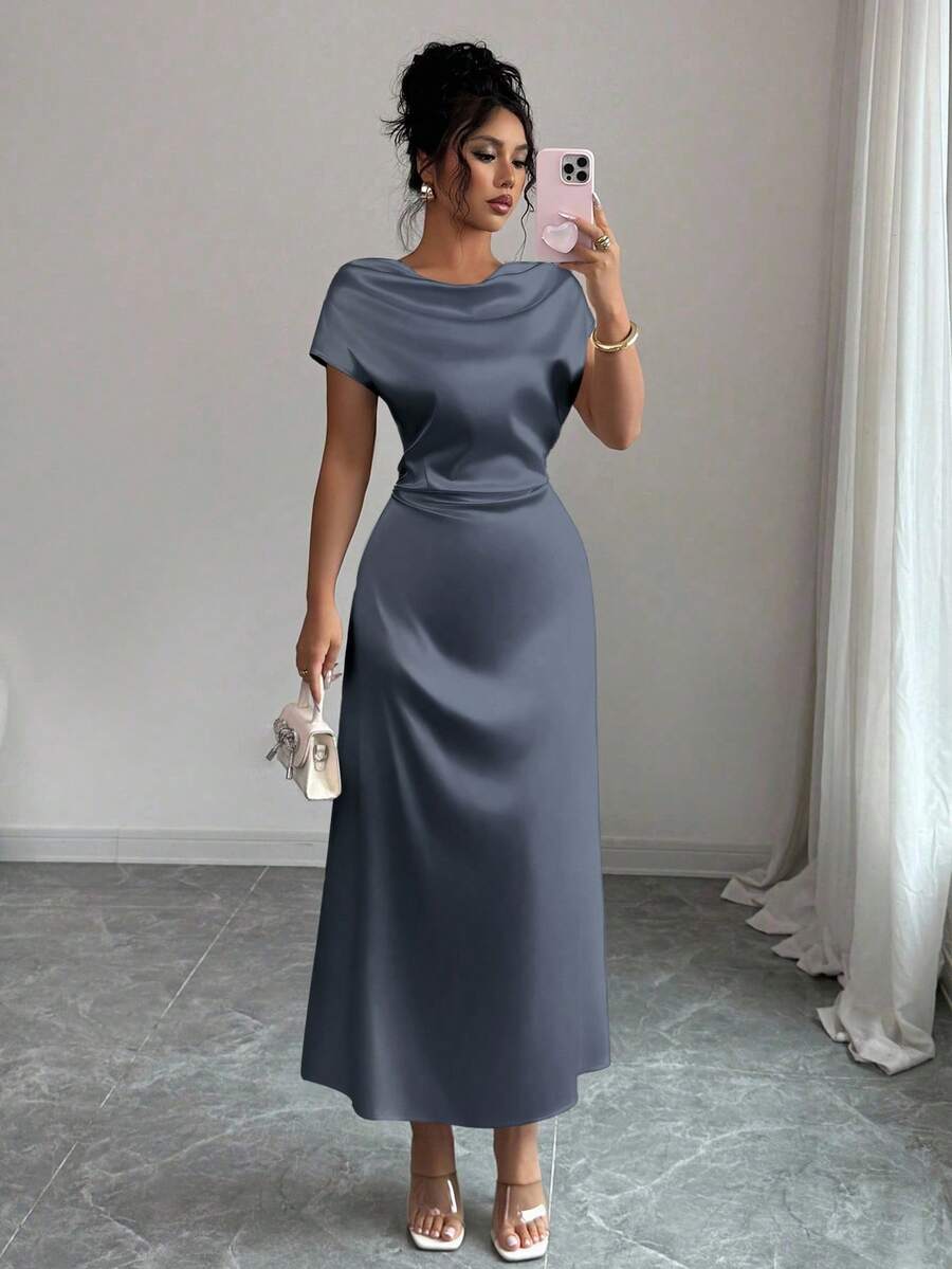 Rafferiza فستان نسائي أنيق بياقة عالية وأكمام قصيرة من الساتان مع ربطة عنق، مناسب للمناسبات والذهاب إلى العمل