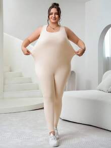 SHEIN CURVE+ Plus Size Women Solid Color Comfortable Elastic Lifting Sleeveless Slim Fit Jumpsuits - Apricot - View 5