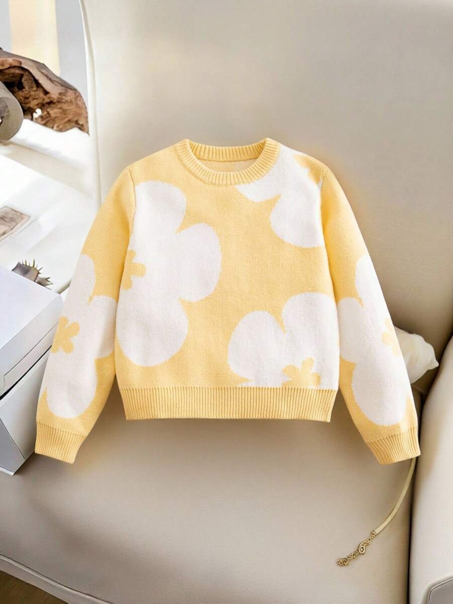 SHEIN Tween Girl Oversized Floral Pattern Sweater, Winter Christmas Halloween Sweater Autumn Fall Jumper - Yellow - View 1