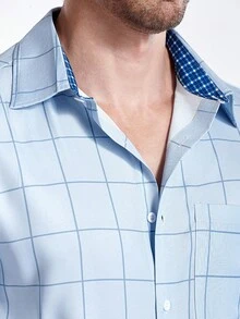 Manfinity CityGents Camisa casual de manga larga con bolsillo y cierre de un solo abotonadura a cuadros para hombres, camisa azul casual para hombres, otoño