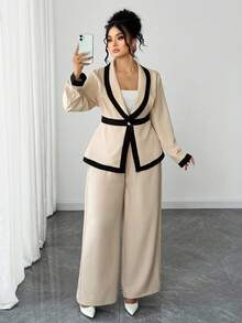 Elenzga Conjunto de 2 piezas de chaqueta y pantalones de manga larga de contraste de color elegante, versátil y de alta gama para mujeres de talla grande - Caqui - Ver 6