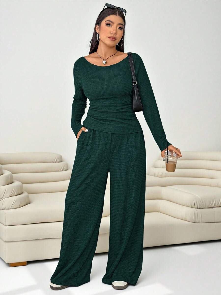Solflare 2 pezzi/Set Verde oliva Taglia grande Maglietta a girocollo a maniche lunghe e Pantaloni Set per Donna