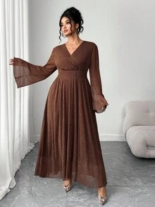 Elenzga Váy maxi dự tiệc thanh lịch, tay loe, cổ chữ V xếp ly kim loại cỡ lớn dành cho nữ, thu/đông - màu nâu - Xem 4
