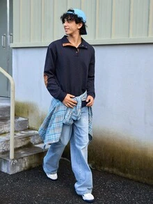 Open Phase STONE DISTRICT Men's Jacquard Knit Long Sleeve Top, Autumn/Winter Minimalist Stand Collar Undershirt, Solid Color Pullover T-Shirt, Men's Long Sleeve T-Shirt, Holiday Gift For Boyfriend Spring To Summer - Navy Blue - View 8