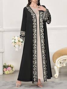 SHEIN Najma 女士花卉和叶子数码印花长袖休闲阿拉伯长袍，适合春秋季节 - 彩色 - 查看 3