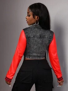 Slaydiva Women's Contrast Color Long Sleeve Single-Breasted Cropped Denim Jacket