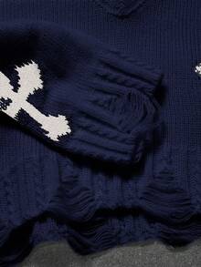 青少年女孩休闲十字图案做旧短款毛衣，秋季 - 藏蓝色 - 查看 3