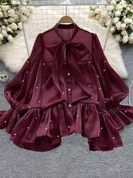 DreamSkyne Plus Size Women Beaded Bow Flare Sleeve Blouse Shirt