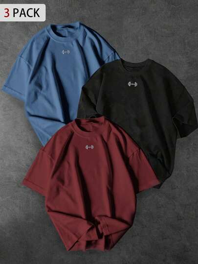 Sport MetroGents Camiseta deportiva de manga corta y cuello redondo con estampado de barra de pesas para hombres, paquete de camisetas deportivas de verano para gimnasio, camisas deportivas sobredimensionadas para gimnasio