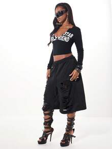 SUMWON WOMEN 摇滚明星女友图案长袖缺口领短款上衣街头风格节日休闲派对演唱会上衣秋冬分层必备 - 黑色 - 查看 5