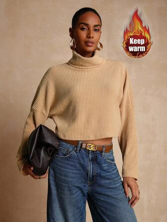 Vesra Women's Solid Color Casual Short High Neck Long Sleeve T-Shirts