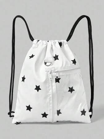 Zaino con coulisse bianco dalla grande capacità, con stampa a stelle, pizzo a contrasto, zip trasparente, adatto per scuola, pendolarismo, uso quotidiano casual, in stile anime carino
