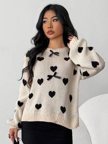 SHEIN Suéter holgado de punto con decoración de lazo y estampado de corazones para adolescentes - Caqui - Ver 7