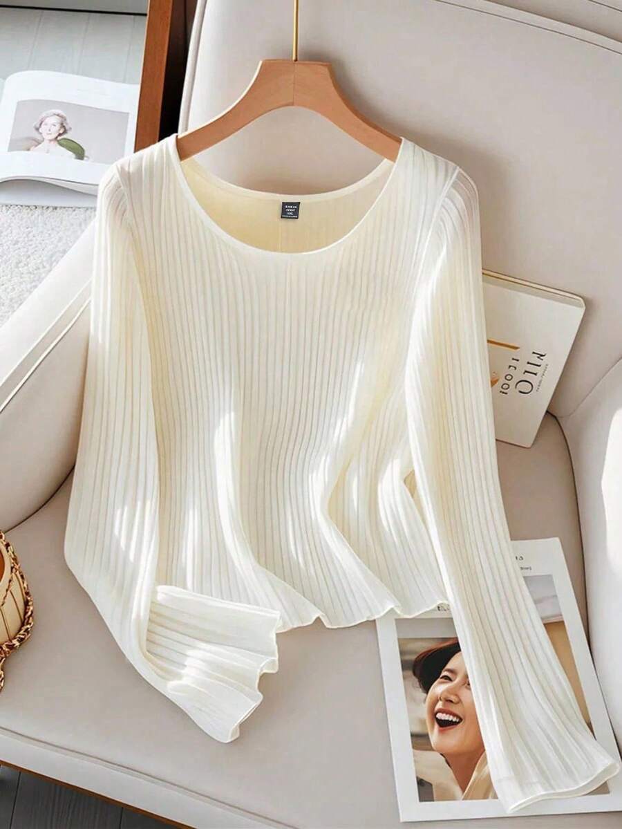 GlowEve CURVE Women Plus Size Solid Color Knit Long Sleeve T-Shirt, Autumn Fall Cloth For Women