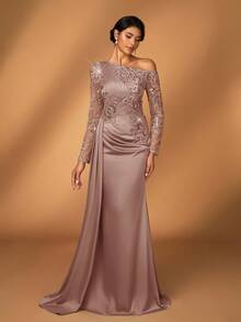 Serin Đầm dạ hội dài tay dáng đuôi cá sang trọng, thanh lịch với ren thêu và đính sequin, chất liệu satin co giãn, xẻ tà bên, thích hợp cho đám cưới, tiệc tùng, kỳ nghỉ, dạ hội, sự kiện buổi tối, đầm dành cho mẹ cô dâu, ngày Valentine. - Bụi hồng - Xem 2