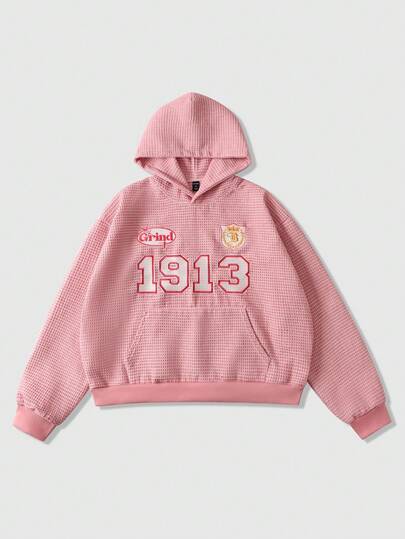 Street Life Men's Casual Fashionable Prep Street Hoodie With Number & Letter Embroidery, Waffle Fabric Pocket