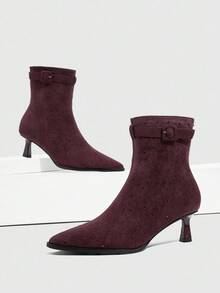 Daringsoles Women's Buckle Design Pointed Toe Fashion Daily Wear High Heel Mid-Calf Boots - Purple - View 4