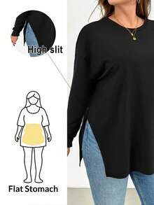 SHEIN Essnce 大码女装春秋时尚休闲宽松舒适日常简约基本百搭修身高开叉黑色 T 恤、秋装、外出上衣 - 黑色 - 查看 1