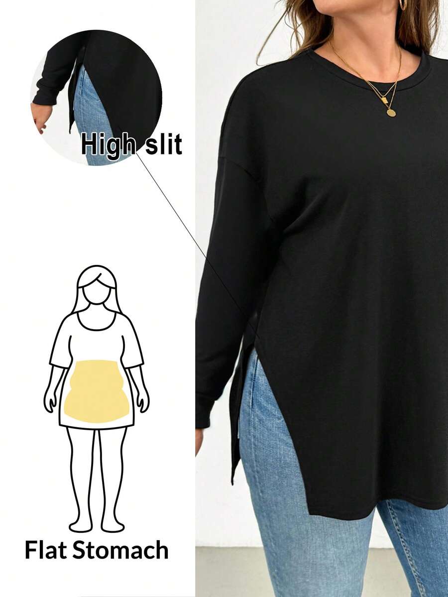SHEIN Essnce Áo thun nữ dáng rộng, đơn giản, thoải mái, dễ mặc hàng ngày, thời trang xuân thu, dáng rộng, xẻ tà cao màu đen, quần áo mùa thu, áo đi chơi - màu đen - Xem 1