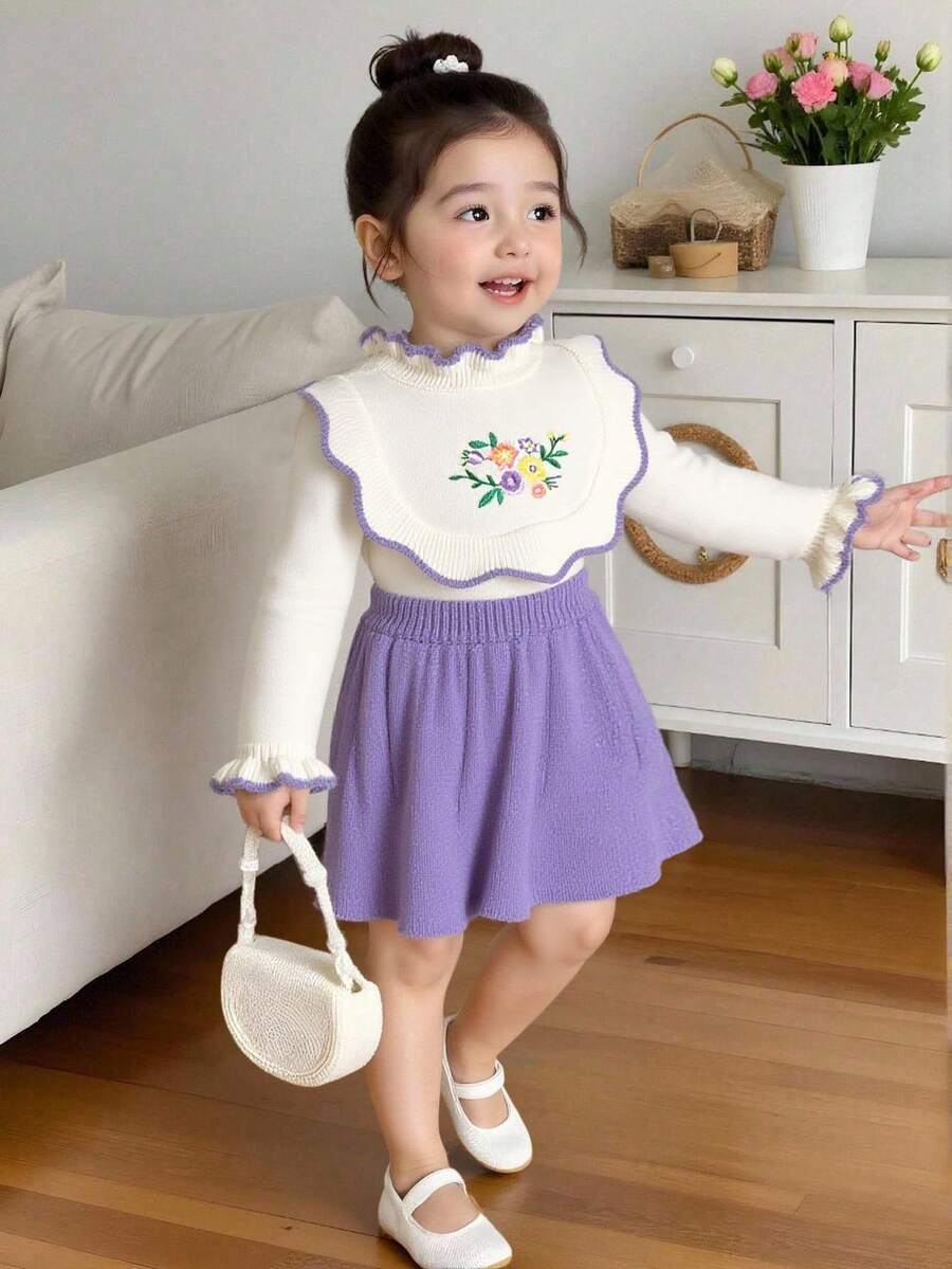 SHEIN 女婴可爱刺绣荷叶边毛衣和裙子套装秋冬装 FoGirlen - 白色 - 查看 1