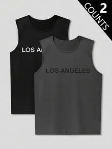 2pcs Lightweight Sports Los Angeles Comfortable Casual Fashionable Young Leisure T-Shirt & Tank Top Pajama Homewear Tops - Multicolor - View 1