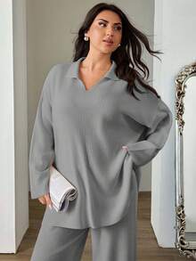 EURMUSE Plus Size 2pcs/Set Solid Color Turn-Down Collar Sweater And Long Pants Outfit - Grey - View 5