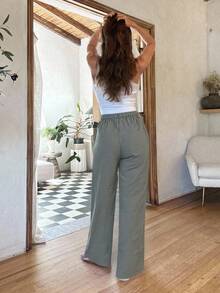 EURMUSE Quần vải lanh kẻ sọc rút dây thường ngày dành cho nữ - màu xanh lá - Xem 2