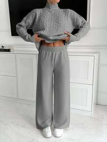 Women High Neck Sweater And Maxi Sweater Skirt 2 Two Pieces Set Co-Ords