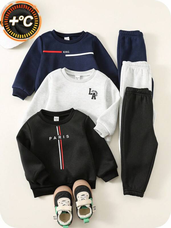 SHEIN 6pcs/Set Baby Boys Thermal Lined Crew Neck Sweatshirt & Sweatpants Outfit Set, Comfortable Casual Basic Everyday Streetwear, Suitable For Indoor, Outdoor, Sports, Party, Photography, Festival, Autumn/Winter Baby Sportswear Baby Set Autumn Winter Season Toddler Sets Boy Baby Boy Track Suit Baby Casual Sets