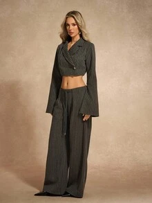 Chiquease 2pcs Business Casual Striped Long Sleeve Jacket Top And Wide Leg Pants Set - Brown - View 3