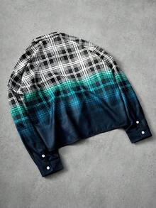 Manfinity Roghcode Herren Streetstyle, INS Matching Item: Klassisches Karomuster in Schwarz & Weiß mit blauem Farbverlauf-Edelstein-Langarmhemd. Y2K Mode, Geschenk für Freund oder Ehemann., Herbst - Schwarz - Übersicht 2