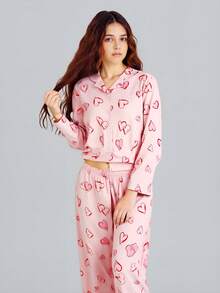 Teen Girl Pink Hand-Painted Heart Pattern Open Front Long Sleeve & Pants Soft Flame Retardant Fabric Casual Homewear Set
