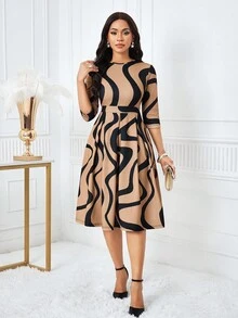 SHEIN Lady 女式圆领 3/4 袖波浪条纹褶皱设计优雅短款连衣裙 - 彩色 - 查看 5