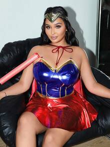 Fantasy Costume 2 pezzi Set di Mantello da Supereroe e Abito Aderente, Abito da Club con Scollo Senza Spalline in Contrasto di Colore in Pelle PU, Adatto per Mascherata, Bar festa, Festival Musicale, Cosplay Taglie Forti