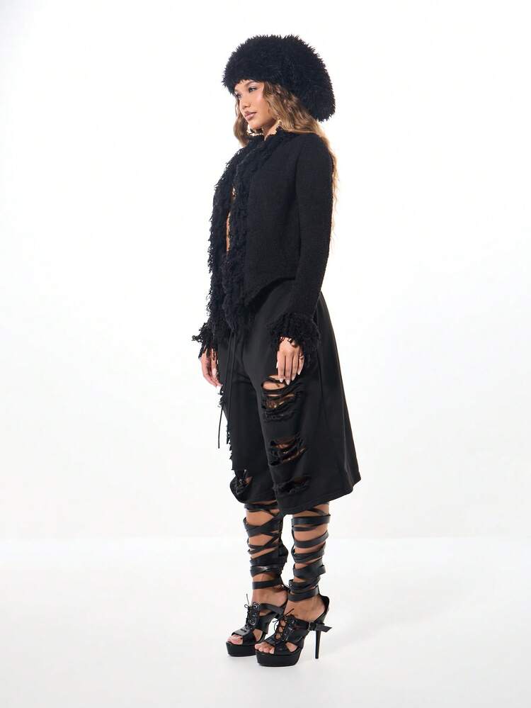 SUMWON WOMEN Cárdigan negro de punto suave con mangas largas, adorno de flecos, suéter de moda de invierno con abertura frontal, bohemio y acogedor, ropa de punto para fiestas y exteriores