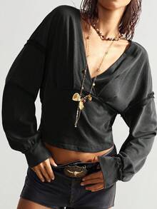 Bohemela Pull court à col V manches longues couleur unie style bohème décontracté pour femmes, automne/hiver