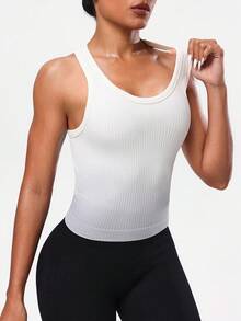 Seamluxe SHEIN Sport Ombre Ribbed Sports Camisole For Women, Fitness, Running, Yoga - Creamy White - View 4