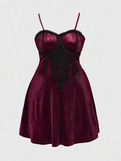 Goth Vestido de terciopelo con diseño de encaje vintage romántico de unicolor para tallas grandes
