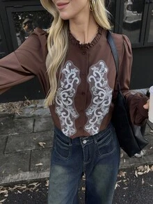 Elyressa An Elegant Autumn Shirt For Women's Woven And Embroidered Vacation Commuting - Coffee Brown - View 3