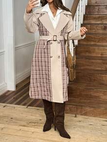 Abrigo de trinchera casual de mujer LanaWest con estilo occidental, cordones y hebilla, en diseño de patchwork a cuadros - Caqui - Ver 6