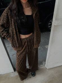 DAZY 2pcs Women's Leopard Ribbed Loose Jacket And Pants Set