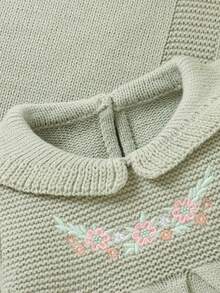 SHEIN 3 件套新生女婴服装套装：粉色刺绣彼得潘领连体衣、连脚裤、帽子 + 针织毯 - 綠色 - 查看 4