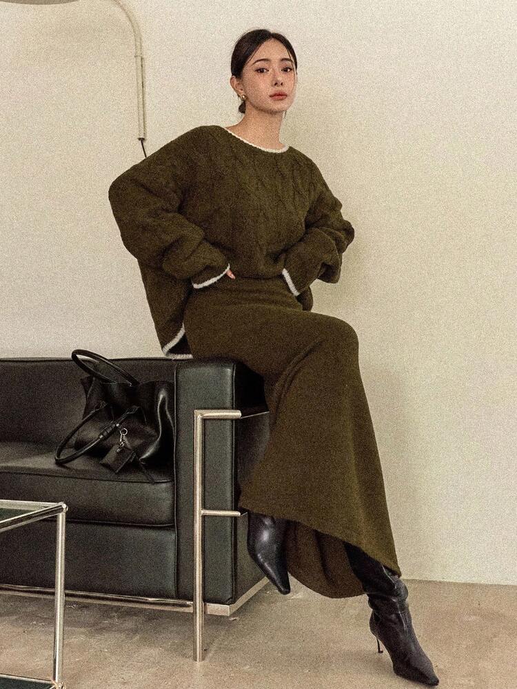 Women Contrast Binding Cable Knit Sweater And Skirt 2 Pieces Set, Casual Commuter Wear For Autumn/Winter