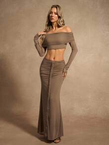 Chiquease Conjunto de 2 piezas de blusa de hombros y falda midi elegante para mujer - Caqui - Ver 4