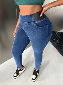 SHEIN EZwear Plus Size High Waist Stretchy Black Skinny Fit Jean Hollowed Costumes Christmas Women Clothes - Light Wash - View 1